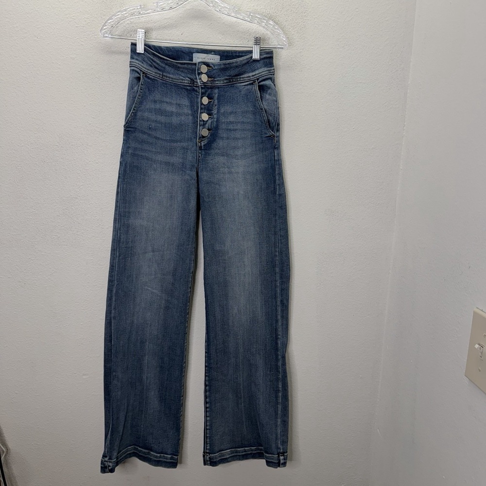 Risen High Rise Wide Leg Flare Jeans Medium Wash Button Fly Size 3/26 Stretch